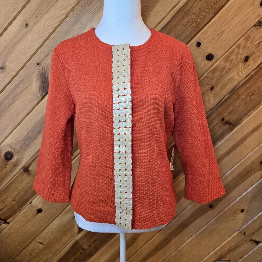 NWT Coldwater Creek Orange Shell Embellished Textured Cotton Blend Jacket Sz 4-6